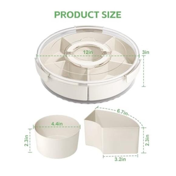 Divided Rotating Serving Tray with Lid and Handle, Portable  Divided Rotating Snack Tray 12 Inch Lazy Susan Fruit Veggie Charcuterie Organize